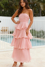 Strapless Backless Ruffle Tiered Midi Dress
