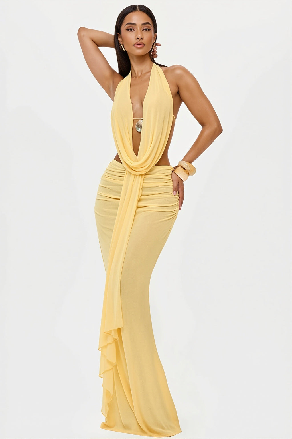 Cowl Neck Ruched Halter Backless Crop Top Skirt Sets