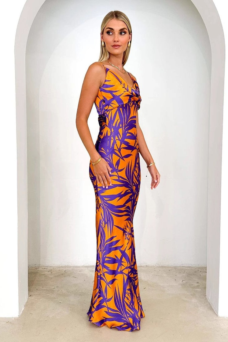 Purple Floral Print V-Neck Slim Maxi Dress