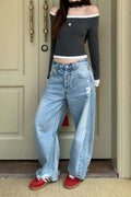 Distressed Curved Wide Leg Vintage Washed Jeans