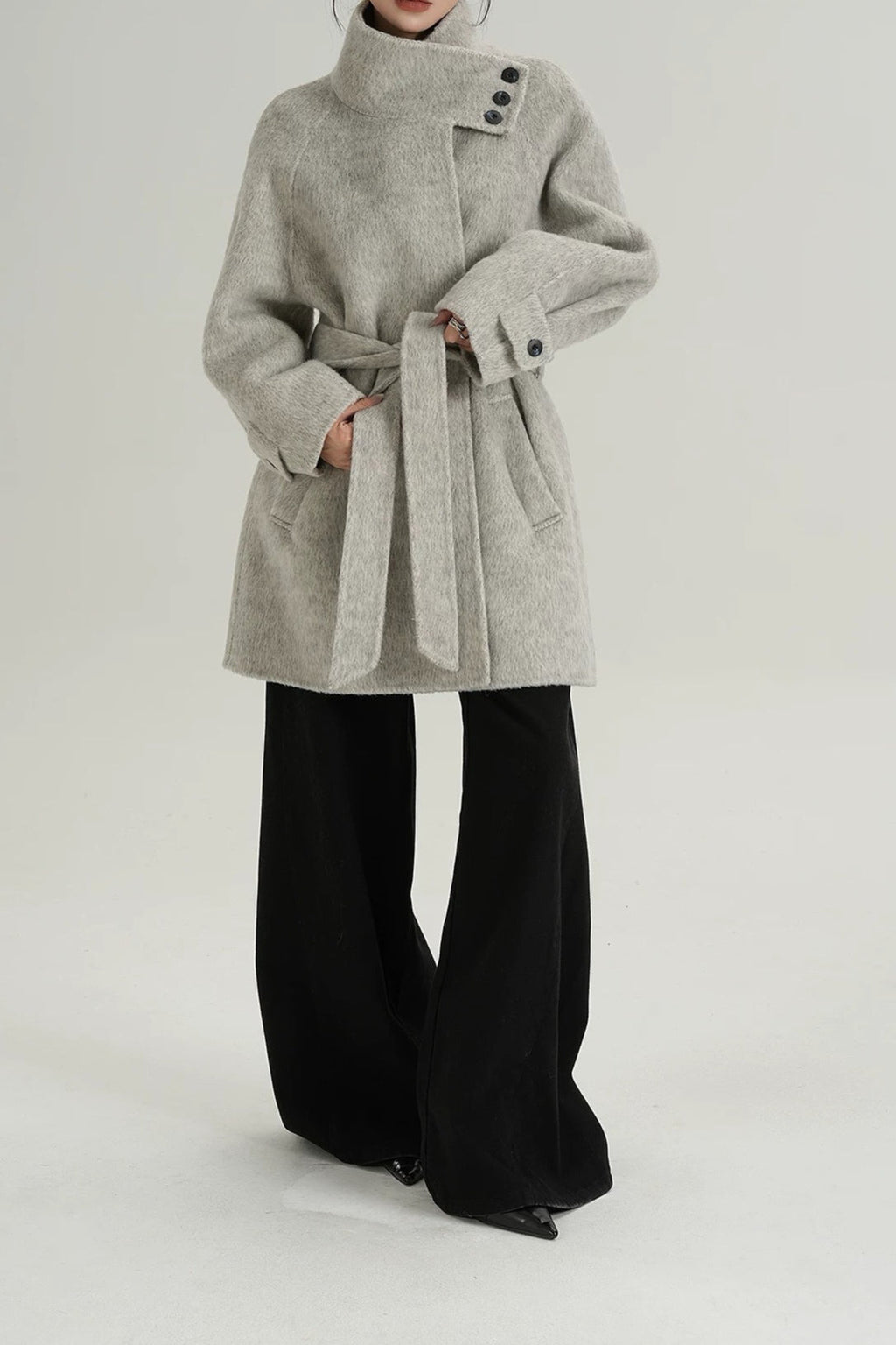 Solid Wool Warm Loose Mock-Neck Coat
