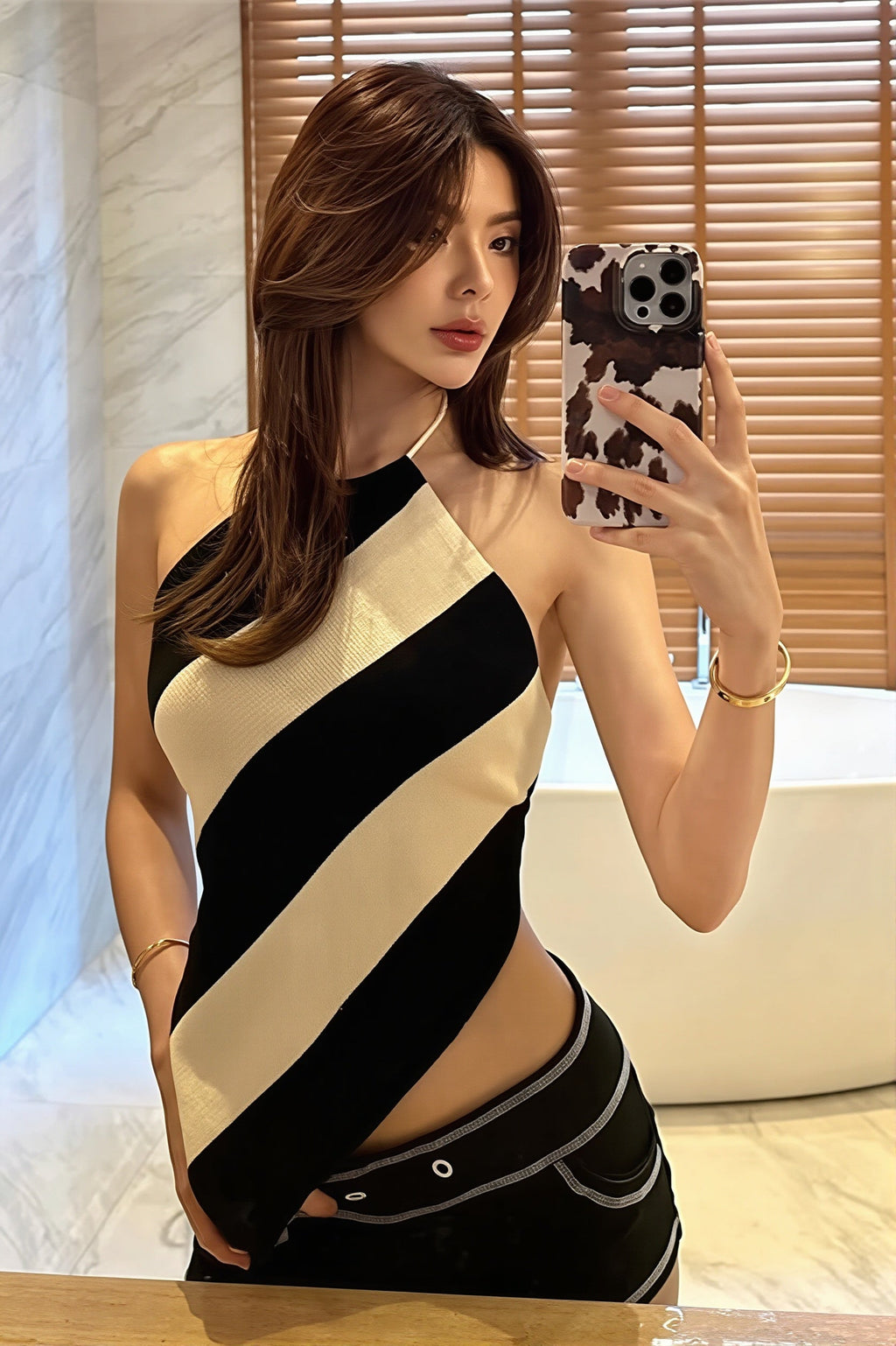 Striped Backless Halter Neck Slim Fit Top
