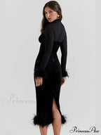 Feathered Retro Slim High Waisted Spliced Mesh Temperamental Midi Dress