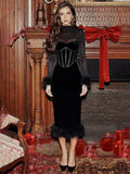 Feathered Retro Slim High Waisted Spliced Mesh Temperamental Midi Dress