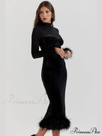 Feathered Retro Slim High Waisted Spliced Mesh Temperamental Midi Dress