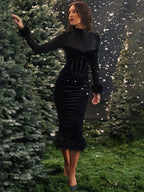 Feathered Retro Slim High Waisted Spliced Mesh Temperamental Midi Dress