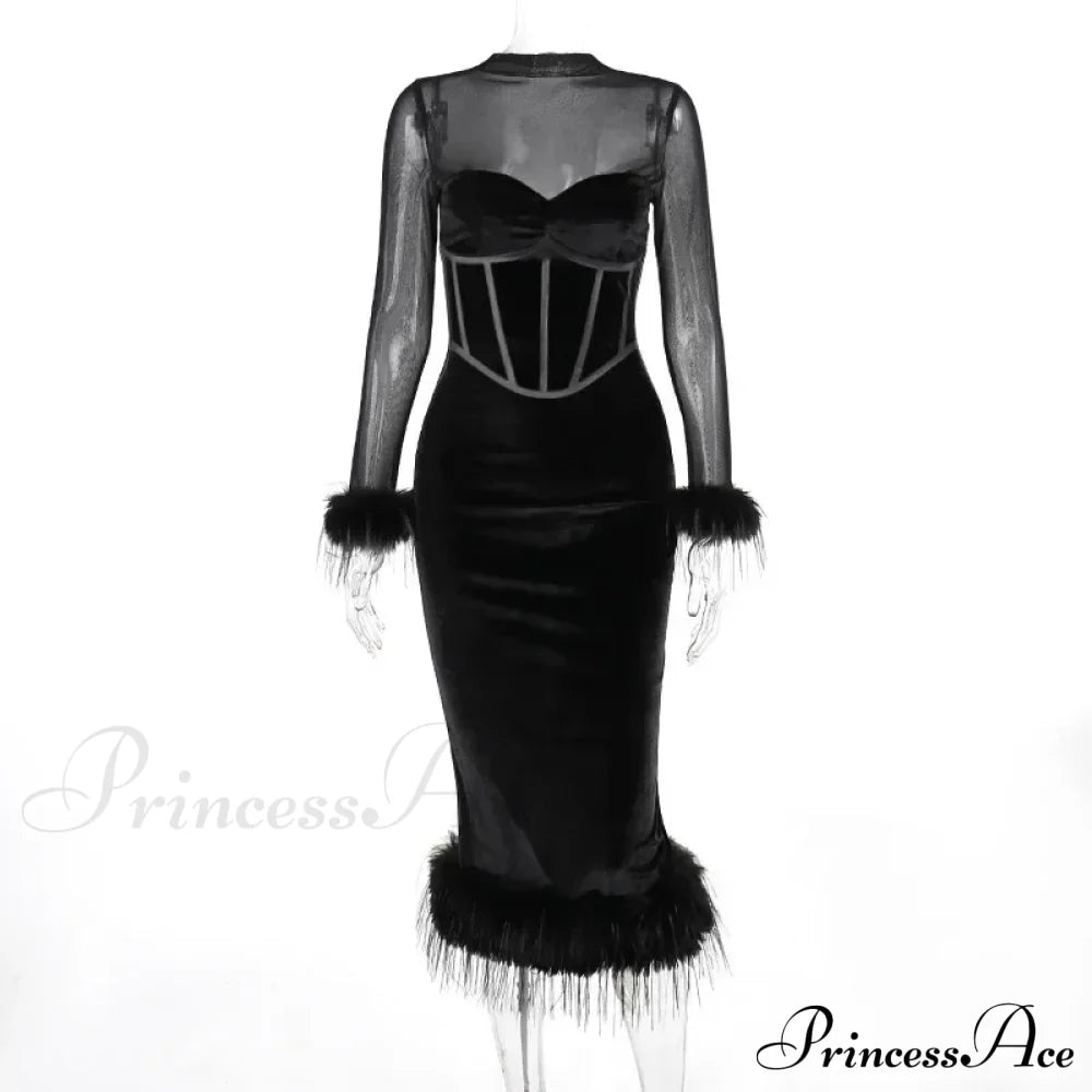 Feathered Retro Slim High Waisted Spliced Mesh Temperamental Midi Dress
