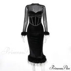 Feathered Retro Slim High Waisted Spliced Mesh Temperamental Midi Dress