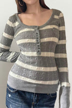 Cable Knit Striped Square Neck Sweet Sweater