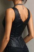 Pu Leather Lace Patch Slim Boned Tank Top