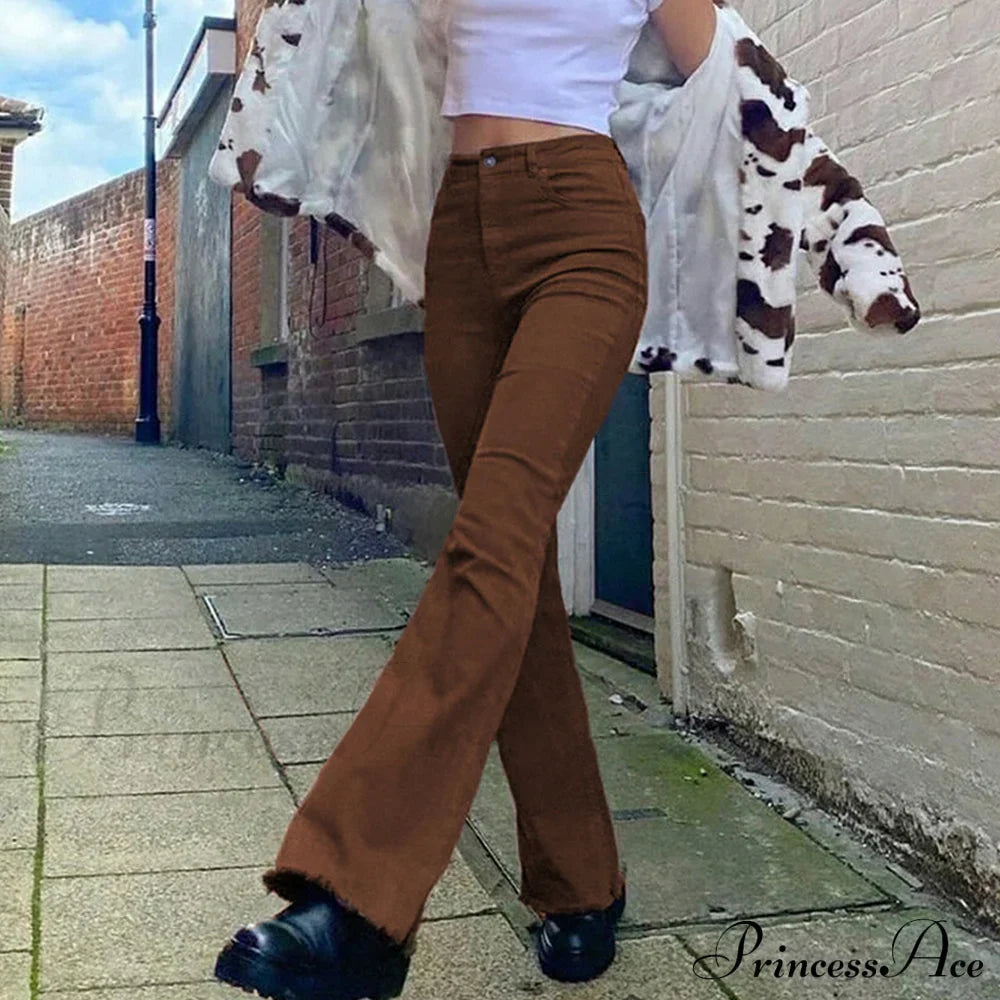 Flared High Black Jeans And In Waist Brown For Khaki Women