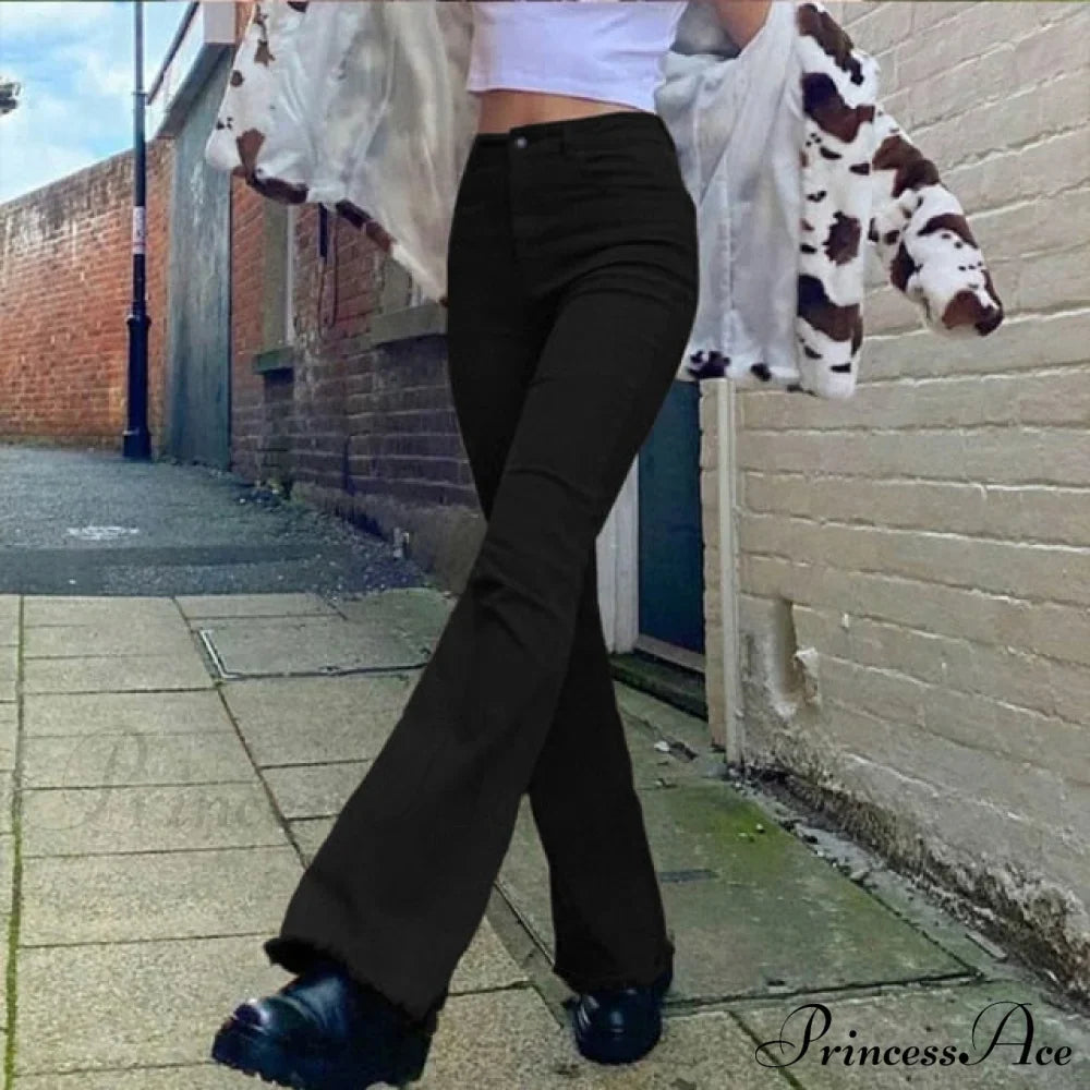 Flared High Black Jeans And In Waist Brown For Khaki Women