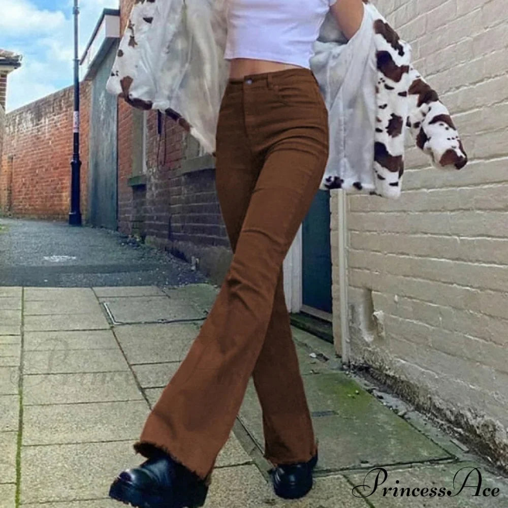 Flared High Black Jeans And In Waist Brown For Khaki Women