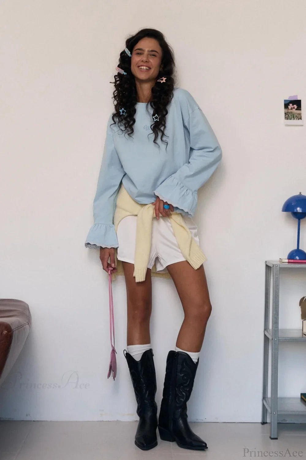 Flared Sleeve Lace Accent Crew Neck Alphabet Embroidered Long Tee
