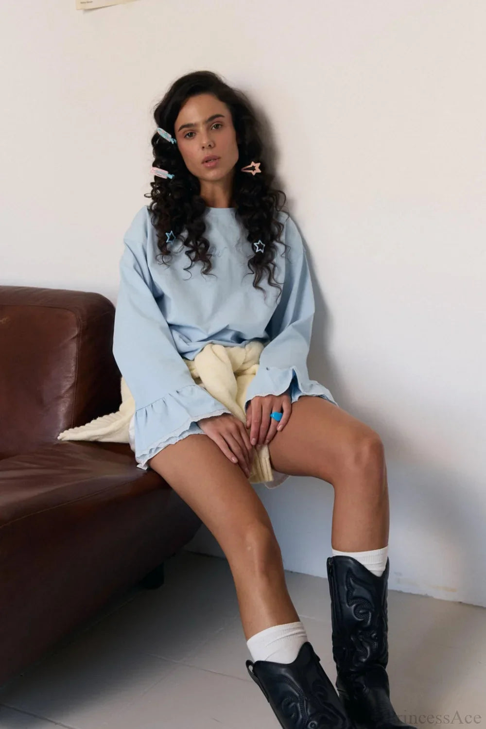 Flared Sleeve Lace Accent Crew Neck Alphabet Embroidered Long Tee