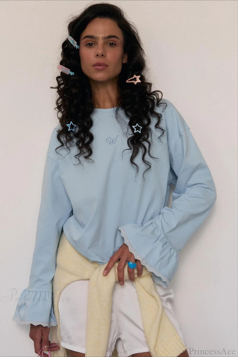 Flared Sleeve Lace Accent Crew Neck Alphabet Embroidered Long Tee