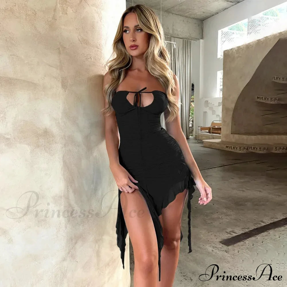 Floral Applique Strapless Ruched Ruffle Mini Dress