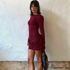 Floral Appliques Long Sleeve Ruched Bodycon Holiday Solid Slim Mini Dress