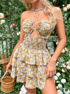 Floral Halter Neck Lace-Up Mini Dress