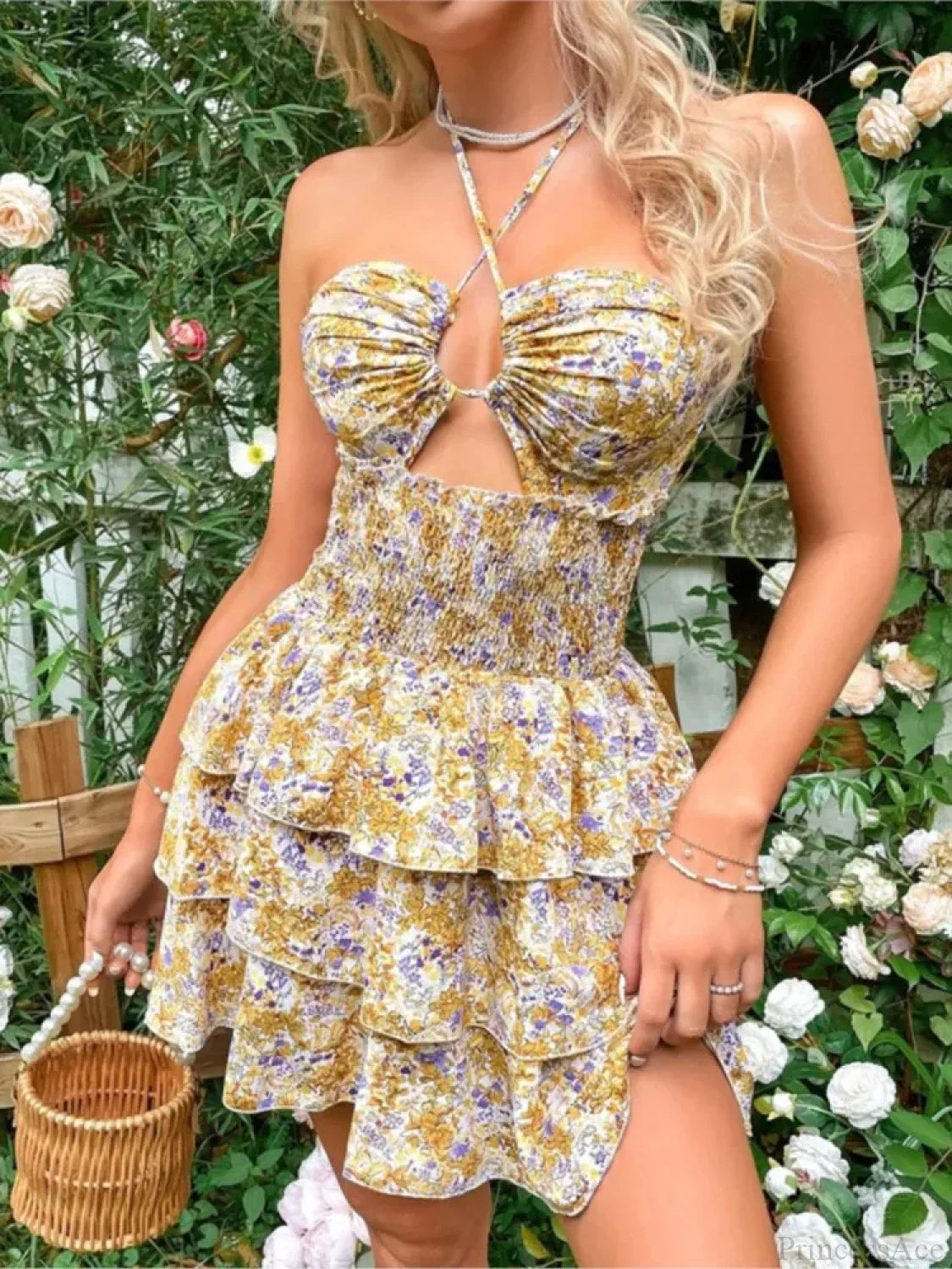 Floral Halter Neck Lace-Up Mini Dress
