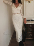 Floral Lace Long Trendy Sleeve Plunge Midi Dress