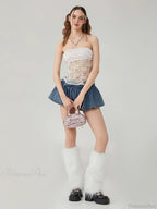 Floral Lace Mesh Sheer Strapless Backless Tie-Up Tube Top