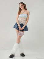 Floral Lace Mesh Sheer Strapless Backless Tie-Up Tube Top