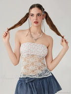 Floral Lace Mesh Sheer Strapless Backless Tie-Up Tube Top