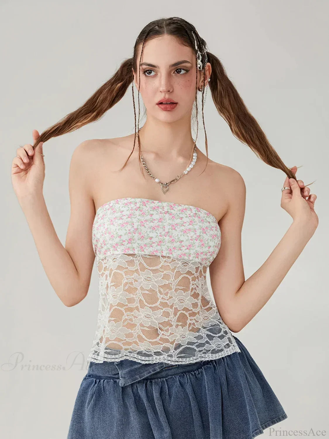 Floral Lace Mesh Sheer Strapless Backless Tie-Up Tube Top