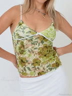 Floral Lace Sheer Spaghetti Strap V-Neck Harajuku Crop Top