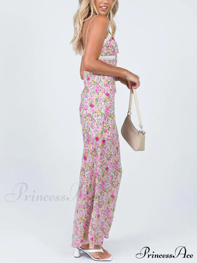 Floral Lace Trim Trendy Checkered Cropped Dress