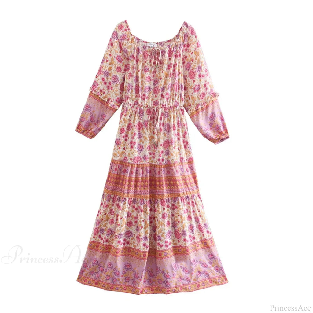 Floral Long Sleeve Belt Tassel Off Shoulder Boho Dress