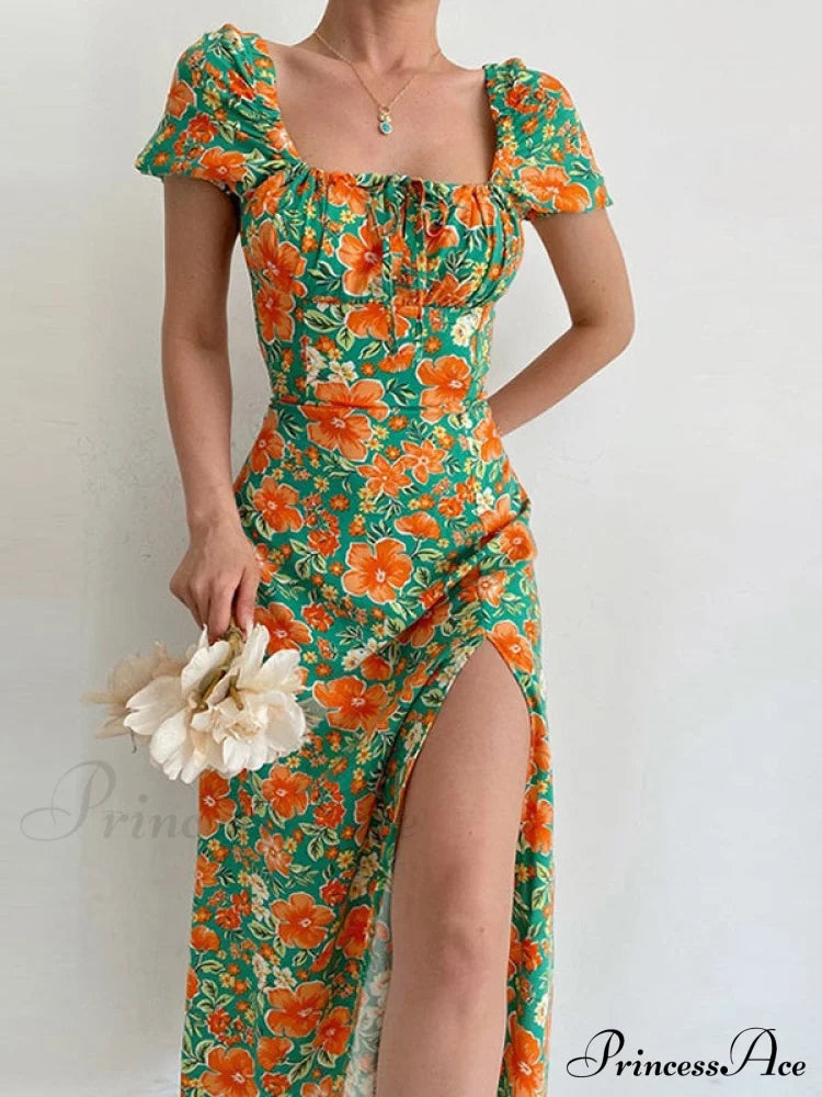 Floral Midi Dress With Puffy Sleeves And Slit