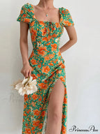 Floral Midi Dress With Puffy Sleeves And Slit