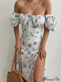 Floral Midi Dress With Puffy Sleeves And Slit