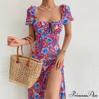 Floral Midi Dress With Puffy Sleeves And Slit