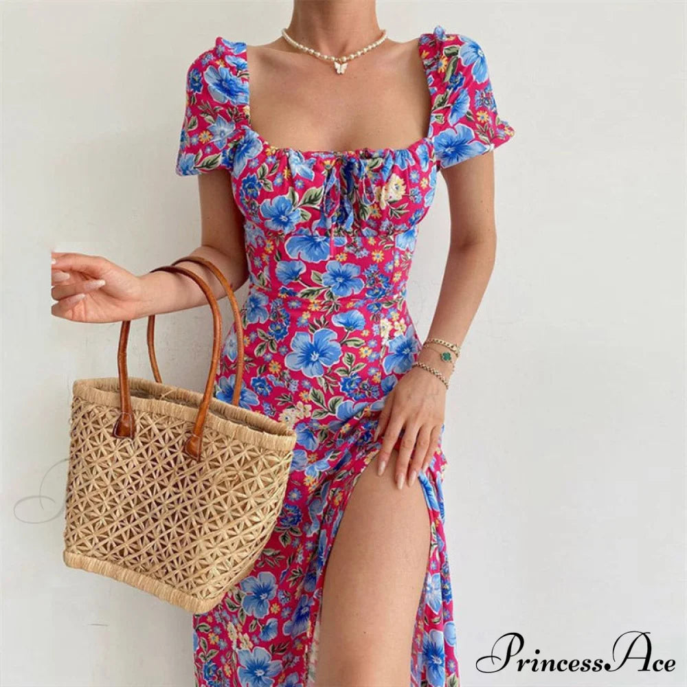 Floral Midi Dress With Puffy Sleeves And Slit