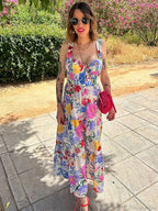 Floral Print A-Line Backless Maxi Dress