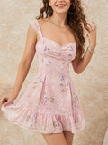 Floral Print Backless Mini Party Sweetheart Neck Ruffled Cocktail Beach Dress