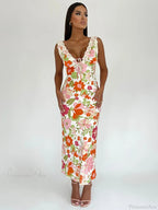 Floral Print Backless V-Neck Bodycon Maxi Dress