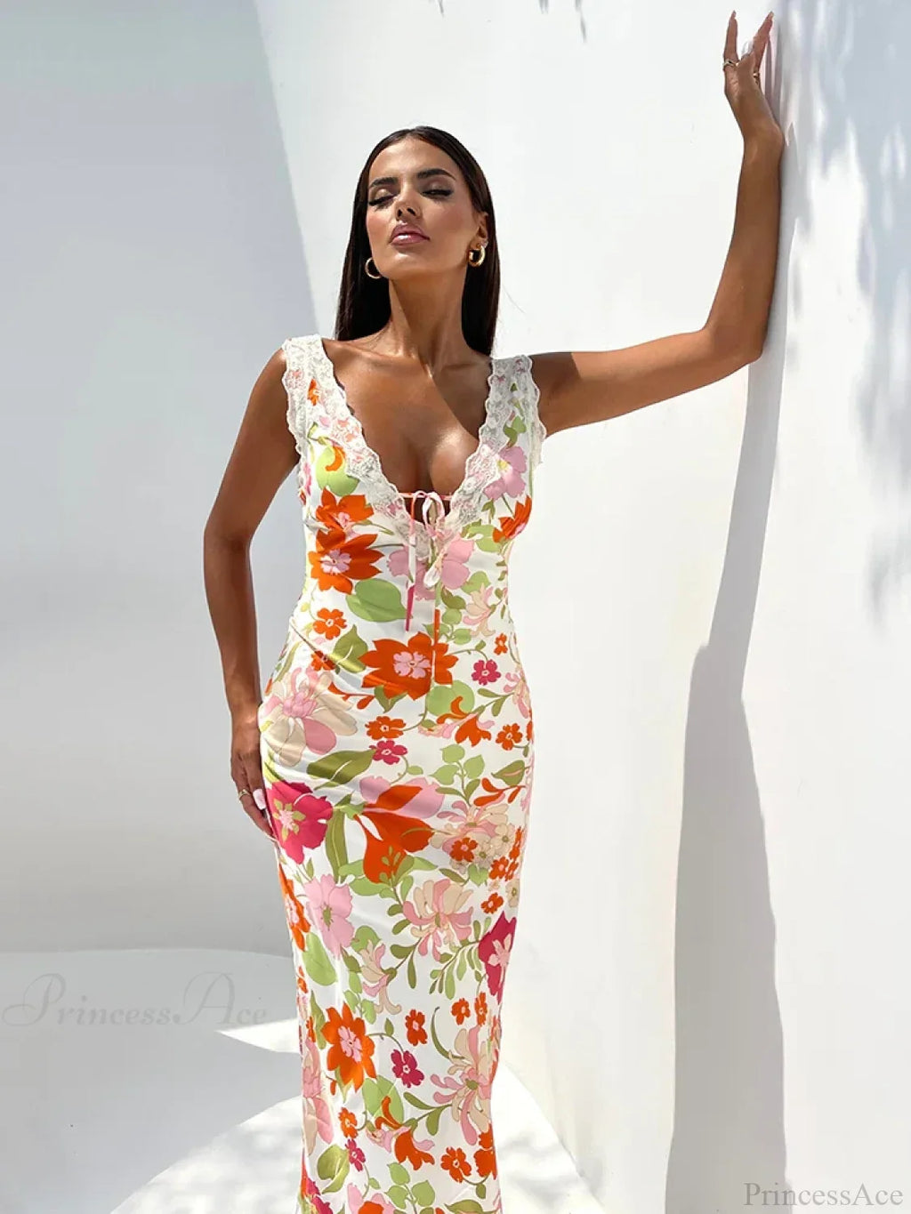Floral Print Backless V-Neck Bodycon Maxi Dress