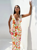Floral Print Backless V-Neck Bodycon Maxi Dress