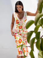 Floral Print Backless V-Neck Bodycon Maxi Dress
