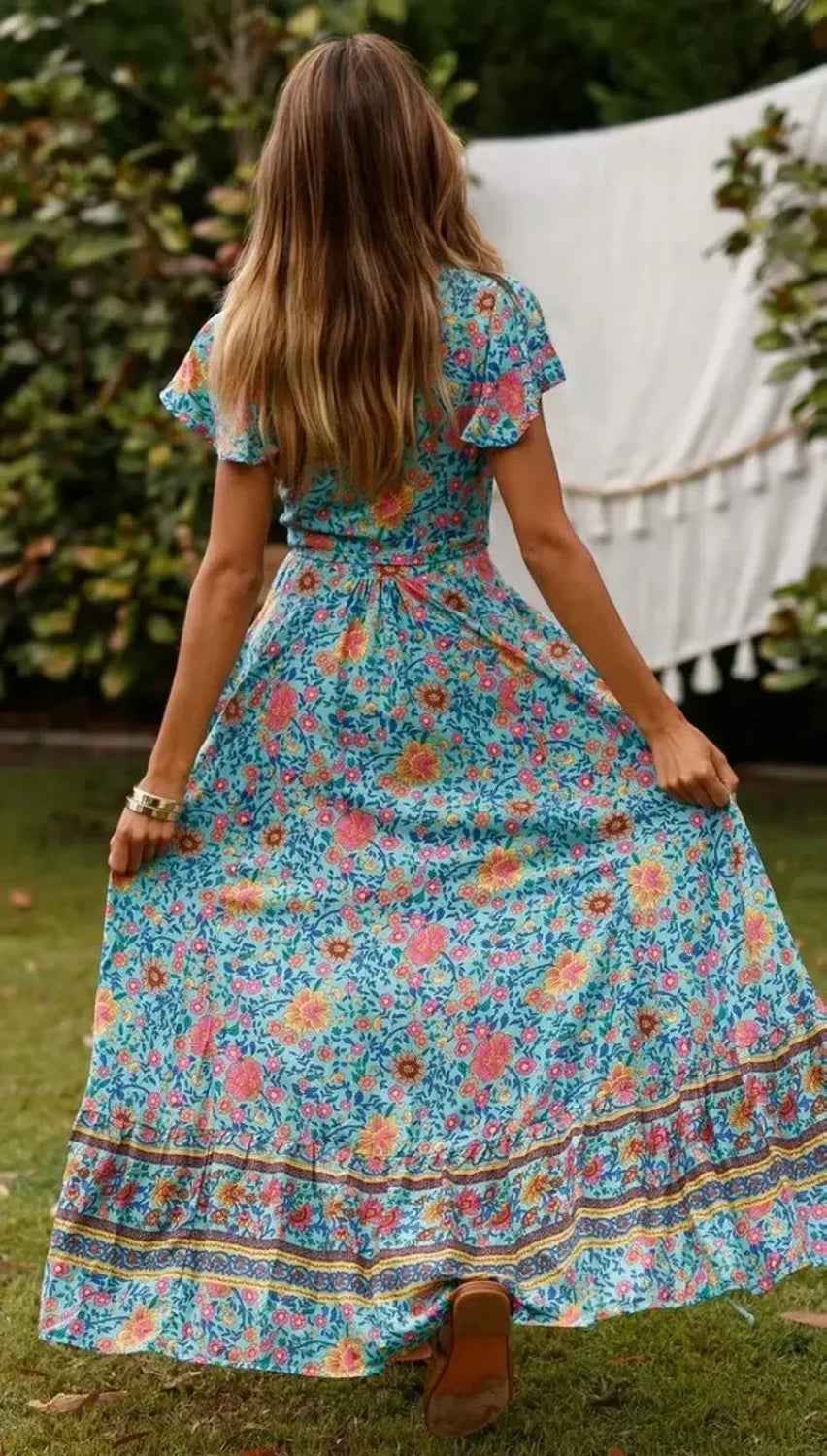 Floral Print Bat Sleeve Sashes Wrap Maxi Boho Cover-Ups