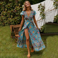 Floral Print Bat Sleeve Sashes Wrap Maxi Boho Cover-Ups