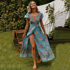 Floral Print Bat Sleeve Sashes Wrap Maxi Boho Cover-Ups