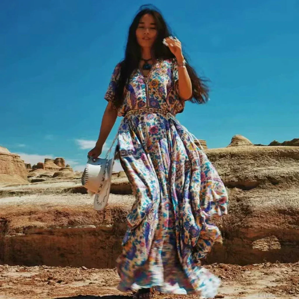 Floral Print Bat Sleeve V-Neck Tassel Maxi Rayon Boho Dress
