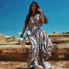 Floral Print Bat Sleeve V-Neck Tassel Maxi Rayon Boho Dress