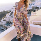 Floral Print Bat Sleeve V-Neck Tassel Maxi Rayon Boho Dress