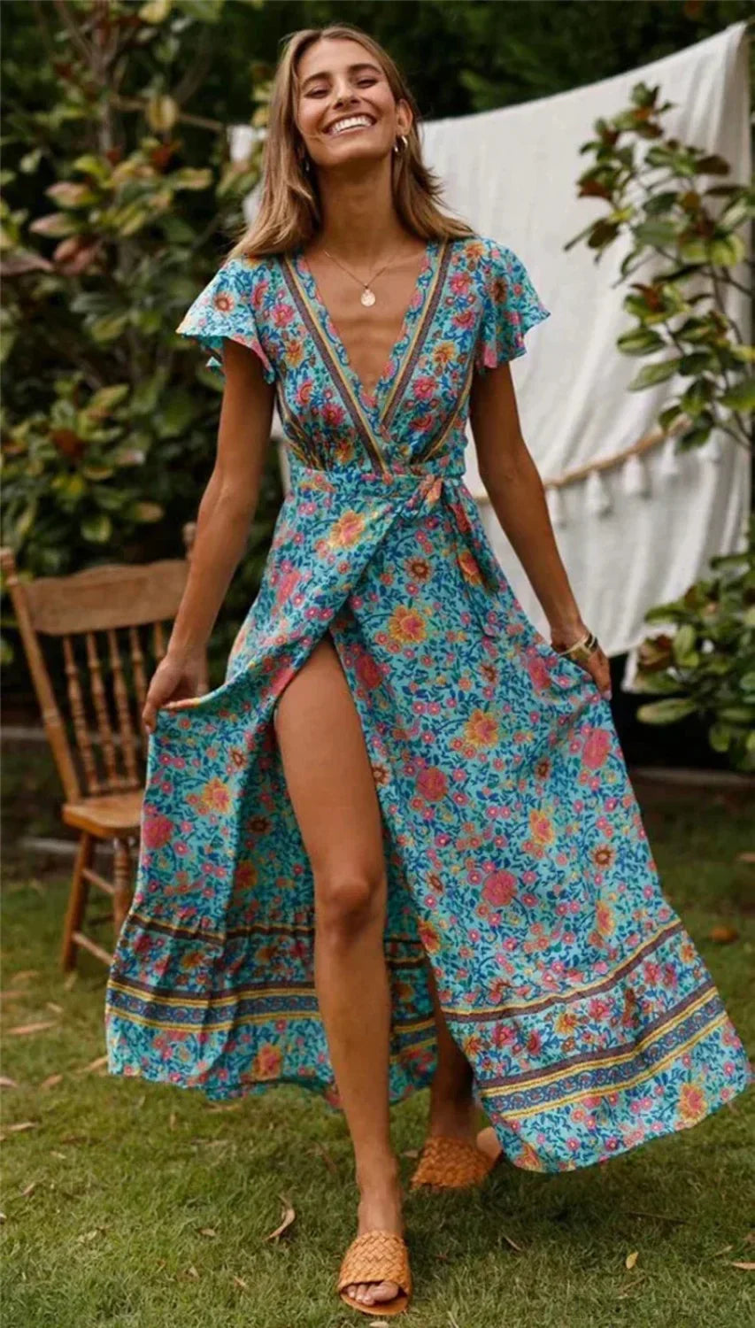 Floral Print Bat Sleeve Wrap V-Neck Maxi Boho Dress